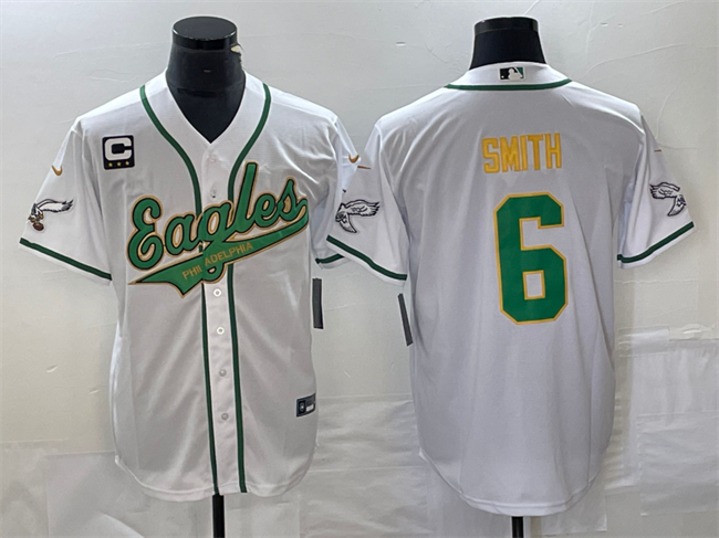 Men's Philadelphia Eagles #6 DeVonta Smith White Gold With C Patch Cool Base Stitched Baseball Jersey